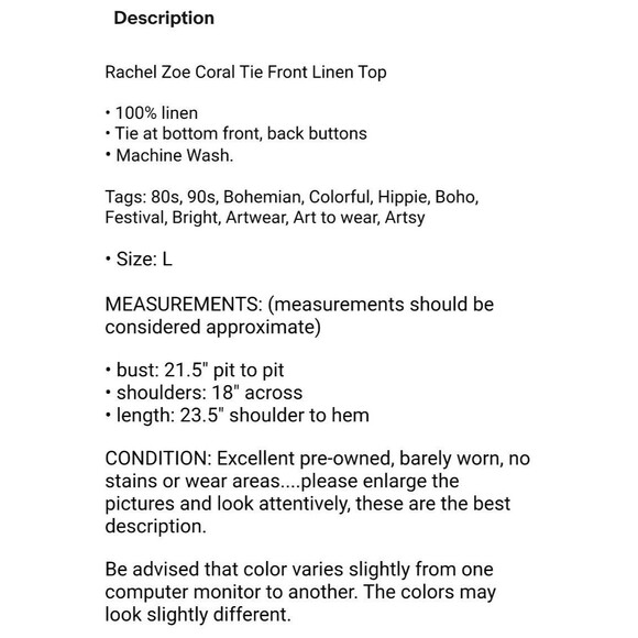 Rachel Zoe Coral Tie Front Linen Top  Women's Size L  Summer Top Vacation Vibes - Picture 8 of 8